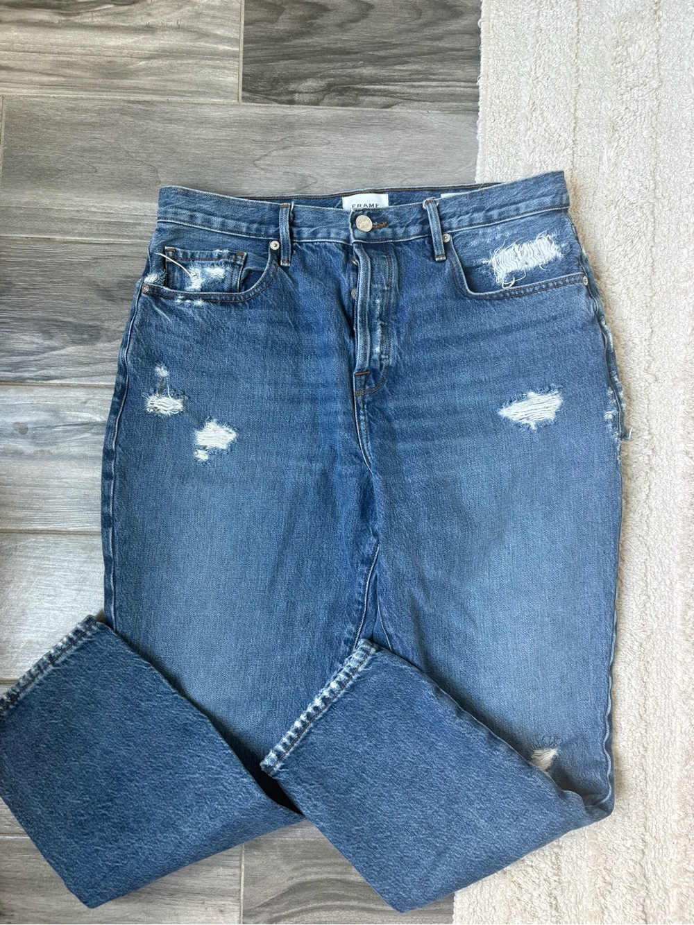 Frame Denim Distressed Blue Straight-Leg Jeans